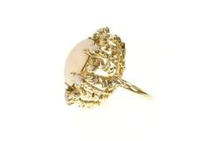 14K Yellow Gold 1950's Coral Oval Halo Leaf Vine Cocktail Ring