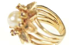 14K Yellow Gold 1960's Pearl Ruby Flower Cluster Cocktail Ring