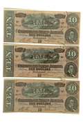 3 Consecutive CU $10 Confederate Notes Feb 17 1864