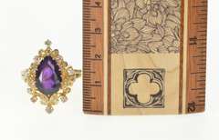 14K Yellow Gold Pear Amethyst Diamond Cocktail Statement Ring