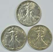 3 Diff slider/BU 'P' Mint Walking Liberty Half Dollars