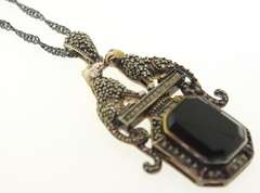 Vintage 925 sterling silver black onyx with two black panters pendant with a long chain