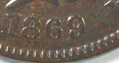 Scarce 1869 over '9' Indian Head Cent. Full LIBERTY