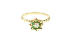 14K Yellow Gold 1960's Diamond Emerald Halo Flower Engagement Ring