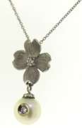 Nice Diamond & Pearl Dogwood Flower Necklace