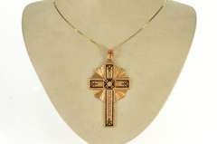 18K Yellow Gold Ornate Scrollwork Masonic Black Enamel Cross Pendant