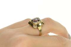 8K Yellow Gold 1930's Ornate Blue Topaz Solitaire Statement Ring