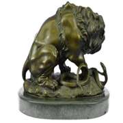 Lion and Snake Bronze Sculpture on Marble Base Statue