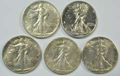 5 semi-key Walking Liberty Half Dollars 1934 to 1946-S