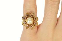 14K Yellow Gold 1960's Pearl Ruby Flower Cluster Cocktail Ring