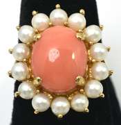 Charming Pearl & Coral Ring in 14KT Yellow Gold