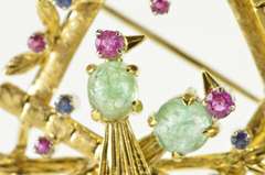 18K Yellow Gold Bird House Ruby Sapphire Flourite Retro Pendant/Pin