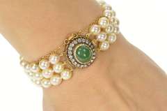 14K Yellow Gold Victorian Jade Diamond Halo Pearl Layered Bracelet