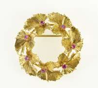 10K Yellow Gold Retro Syn. Ruby Leaf Wreath Statement Pin/Brooch