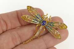 14K Yellow Gold Art Nouveau Diamond Sapphire Dragonfly Pin/Brooch
