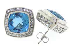 Trendy White Gold Stauer Blue Topaz with White Topaz Halo Earrings