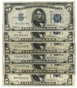 One 1928 $5 Red & Four 1934 Blue Seal $5 Notes. Nice