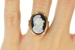 14K Yellow Gold Two Faced Carved Black Onyx Victorian Cameo Ring