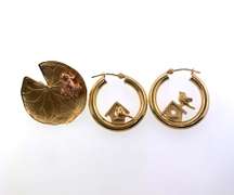 Nature-Insprired Earring and Pin 14kt Gold Set
