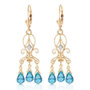 Solid Yellow Gold Chandelier Diamond Earrings Blue Topaz