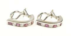 14K White Gold 0.96 Ctw Ruby Diamond Channel Semi Hoop Earrings