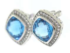 Trendy White Gold Stauer Blue Topaz with White Topaz Halo Earrings