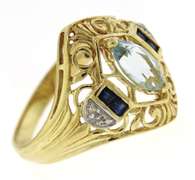 Nice Marquise Aquamarine & Diamond Accent Filagree Ring