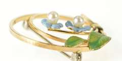 10K Yellow Gold Retro Pearl Flower Blue & Green Enamel Pin/Brooch