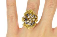 14K Yellow Gold 1.02 Ctw Diamond Sapphire Cluster Cocktail Ring
