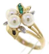 Excellent Triple Pearl w Diamond & Emerald Ring
