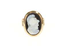 14K Yellow Gold Two Faced Carved Black Onyx Victorian Cameo Ring