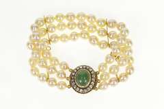 14K Yellow Gold Victorian Jade Diamond Halo Pearl Layered Bracelet
