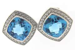 Trendy White Gold Stauer Blue Topaz with White Topaz Halo Earrings