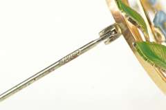 10K Yellow Gold Retro Pearl Flower Blue & Green Enamel Pin/Brooch