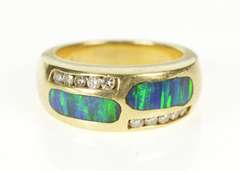 14K Yellow Gold Black Opal Inlay Diamond Inset Band Ring