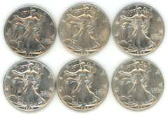 6 Diff. Nice AU Walking Liberty Half Dollars 1941-1947