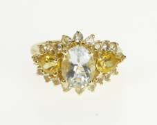 14K Yellow Gold Ornate Tri Colored Cubic Zirconia Oval Cocktail Ring