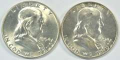 2 Gem BU 1954-D Franklin Half Dollars. FBL
