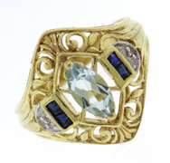 Nice Marquise Aquamarine & Diamond Accent Filagree Ring