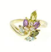 14K Yellow Gold Blue Topaz Amethyst Diamond Leaf Cluster Ring