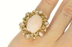 14K Yellow Gold 1950's Coral Oval Halo Leaf Vine Cocktail Ring