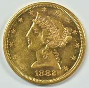 Semi-Prooflike BU 1882-S US $5 Liberty Gold Piece
