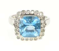 14K White Gold Cushion Blue Topaz Scalloped Diamond Halo Ring