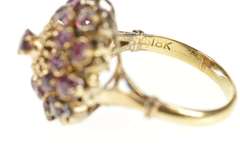 18K Yellow Gold Ornate 1950's Ruby Heart Cocktail Cluster Ring