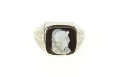 10K White Gold Art Deco Black Onyx Cameo Men's Etched Ring