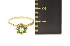 14K Yellow Gold 1960's Diamond Emerald Halo Flower Engagement Ring