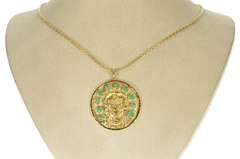 18K Yellow Gold Ornate Stylized Peruvian Face Raw Emerald Pendant