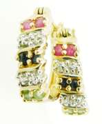 Sterling Vermeil Ruby, Sapphire, Emerald Huggie Hoop Earrings