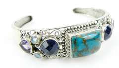 Gorgeous Sterling Turquoise & Gemstones Cuff Bracelet