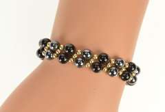14K Yellow Gold Round Black Onyx Hematite Beaded Statement Bracelet